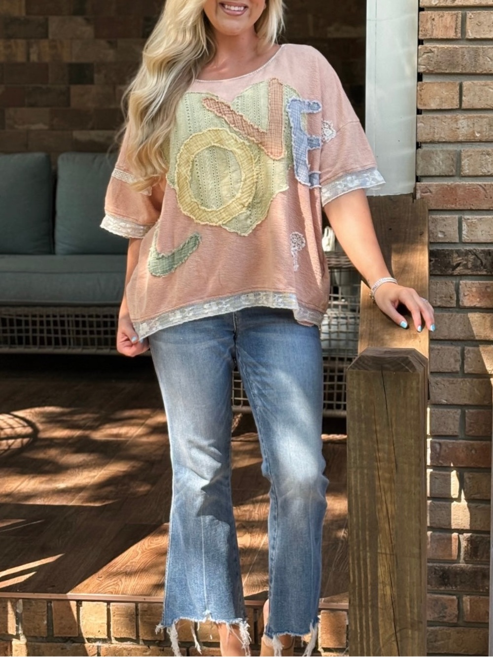 OLI & HALI Love Patchwork Short Sleeve Top Snaps Up in Back